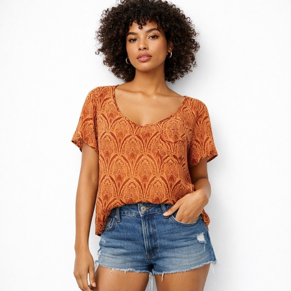 Lucky 100% silk short sleeve blouse paisley Tangerine rust S